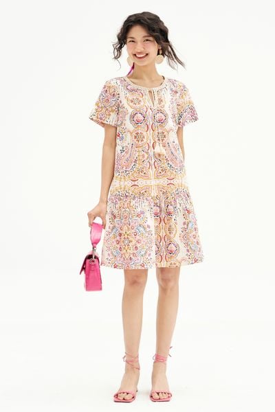 Đầm suông thô lụa họa tiết paisley phối dây cổ