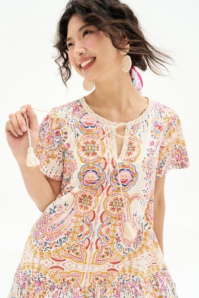 Đầm suông thô lụa họa tiết paisley phối dây cổ