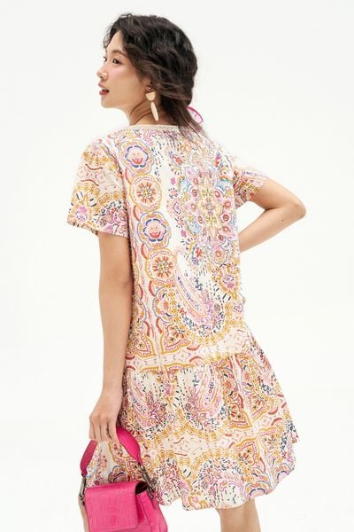 Đầm suông thô lụa họa tiết paisley phối dây cổ