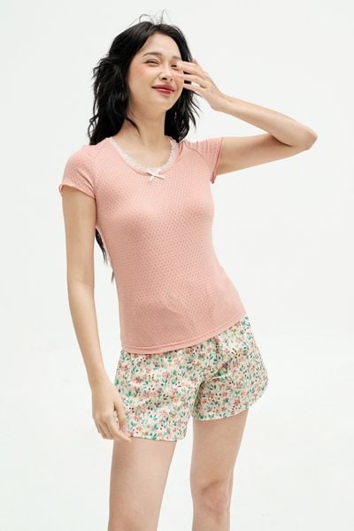 Bộ mặc nhà áo thun quần short thô lụa hoa nhí cam