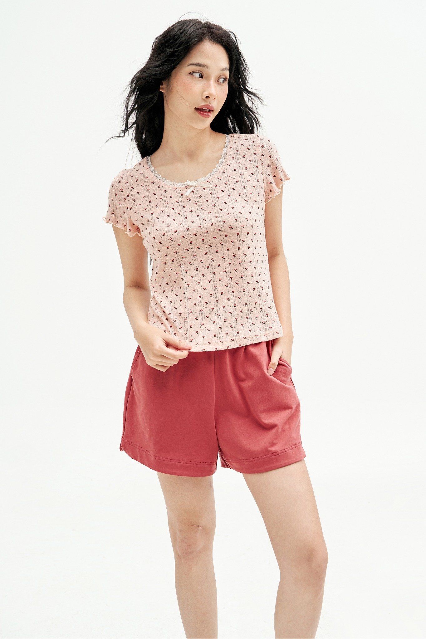 Bộ mặc nhà áo thun quần short hồng hoạ tiết cherry