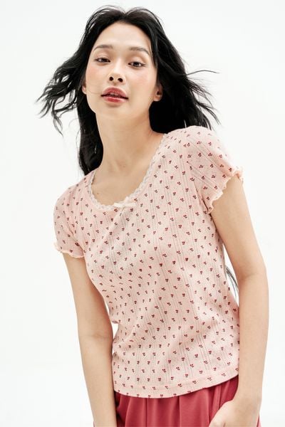 Bộ mặc nhà áo thun quần short hồng hoạ tiết cherry