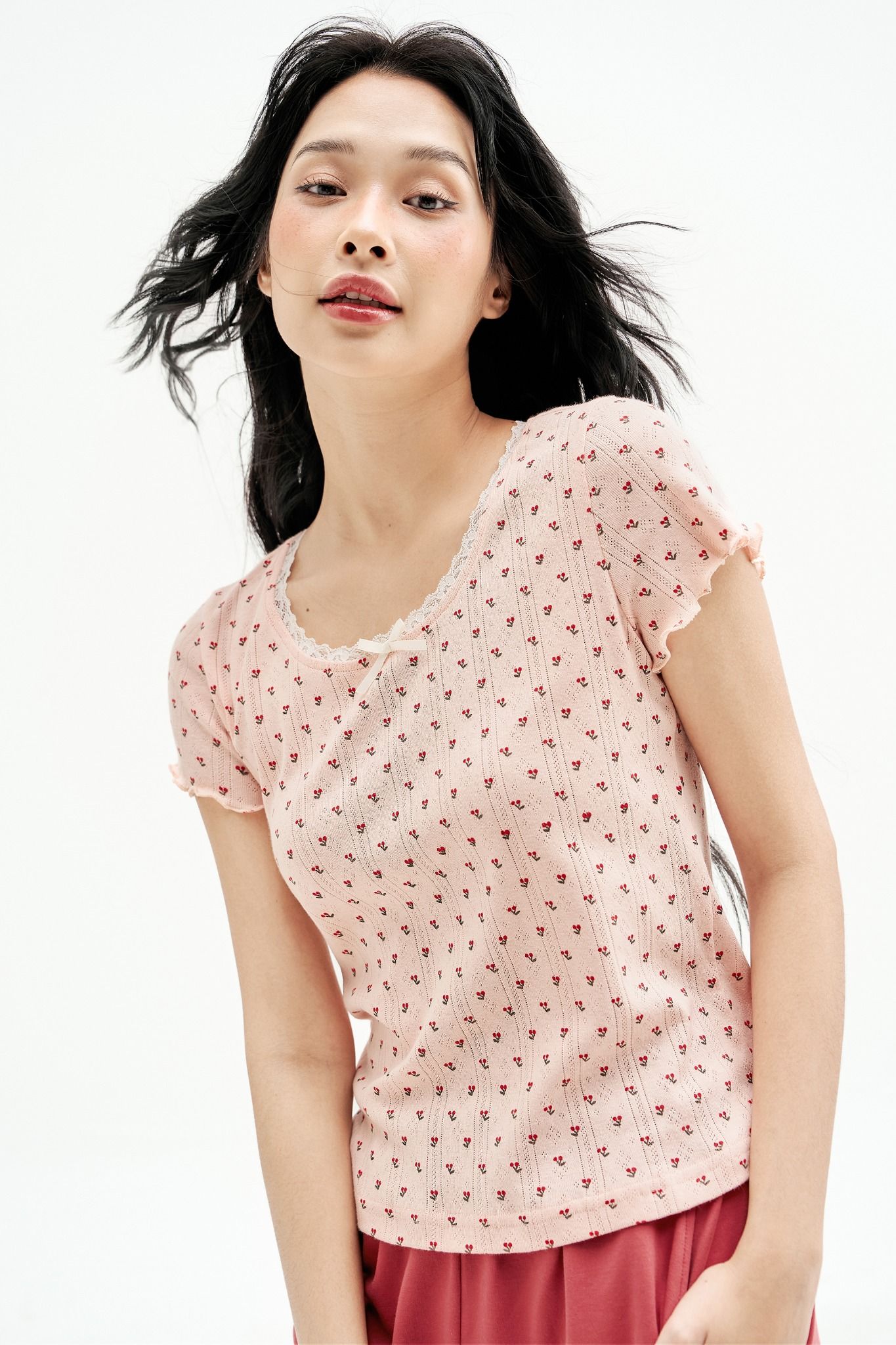 Bộ mặc nhà áo thun quần short hồng hoạ tiết cherry