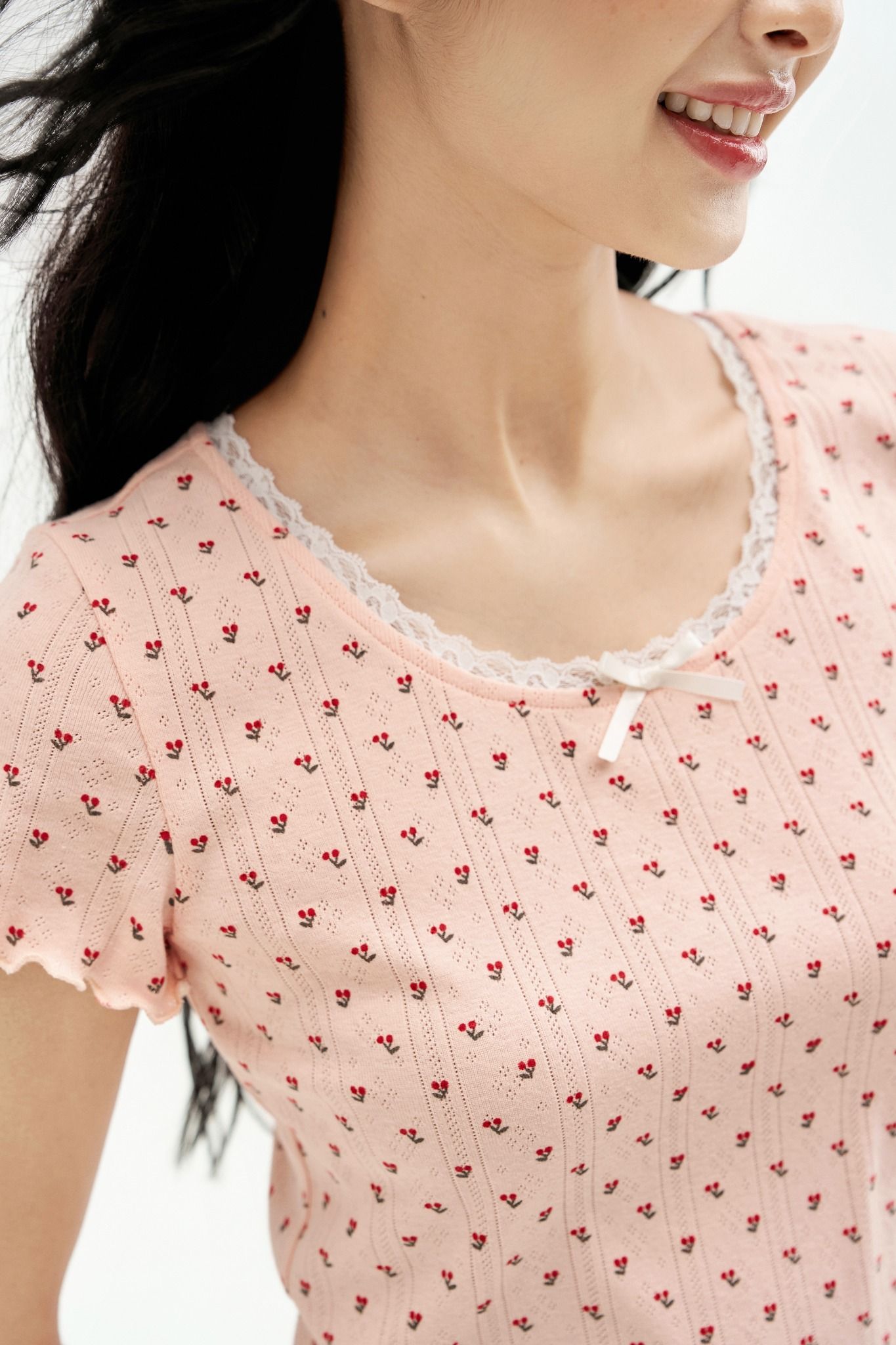 Bộ mặc nhà áo thun quần short hồng hoạ tiết cherry