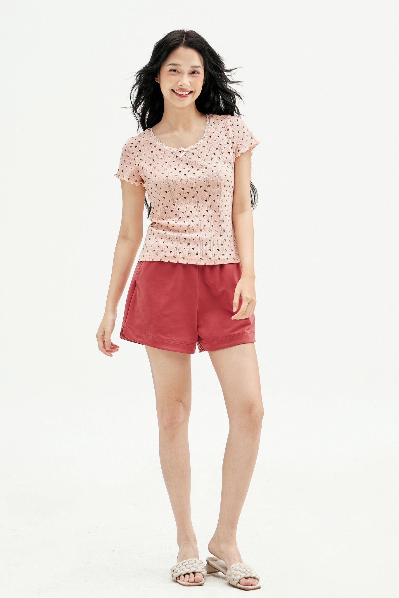 Bộ mặc nhà áo thun quần short hồng hoạ tiết cherry