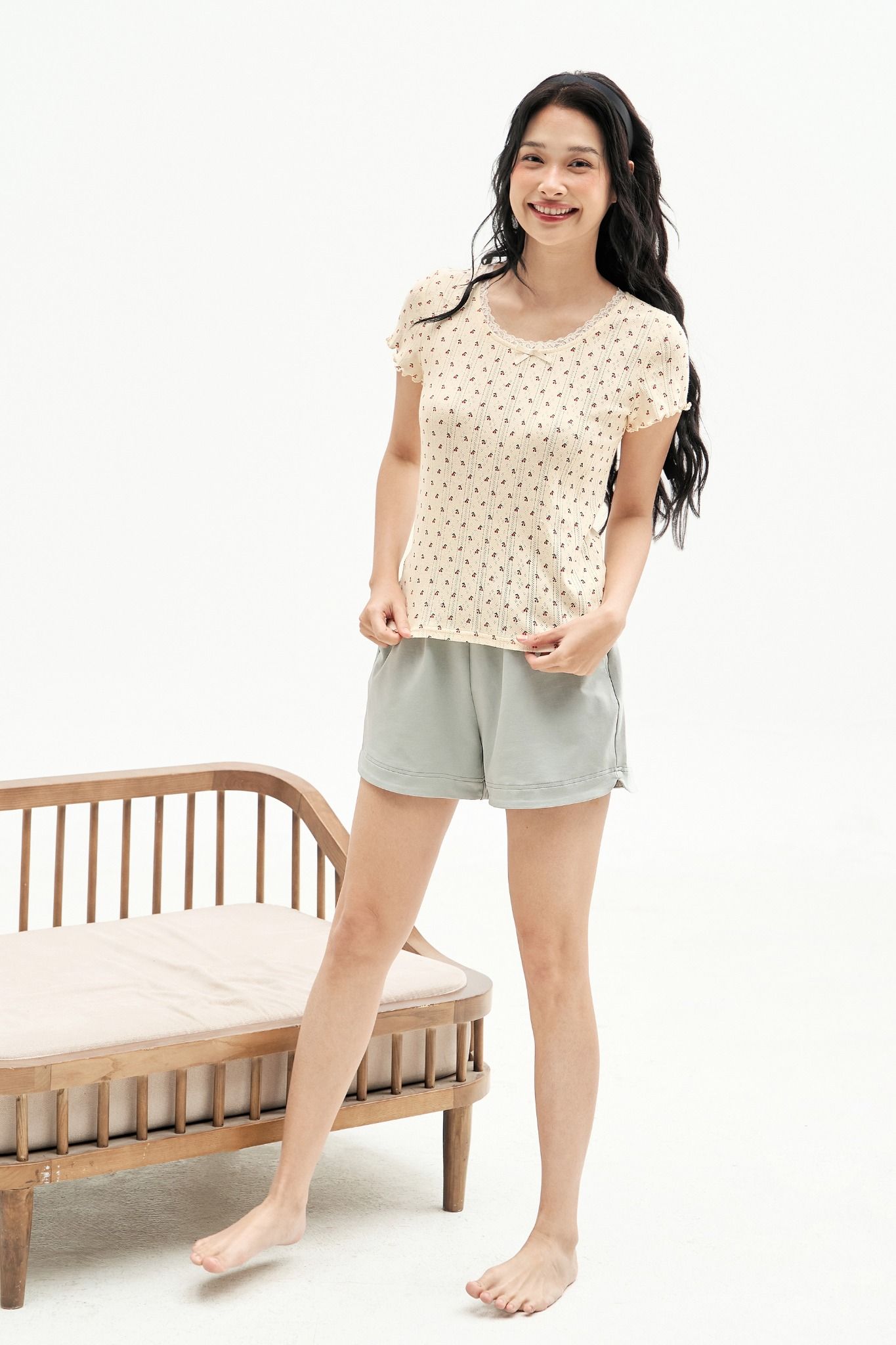 Bộ mặc nhà áo thun quần short mint hoạ tiết cherry