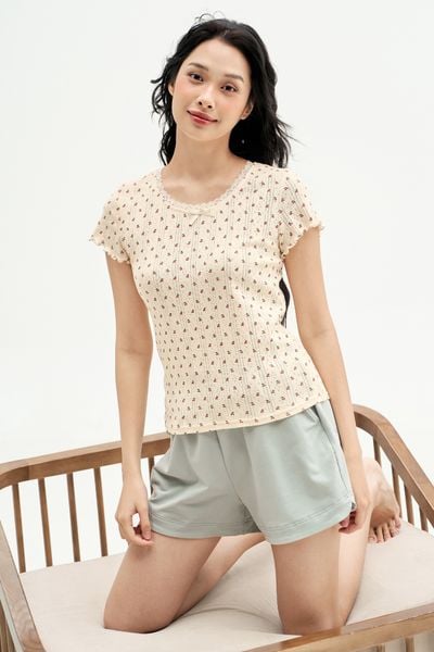 Bộ mặc nhà áo thun quần short mint hoạ tiết cherry