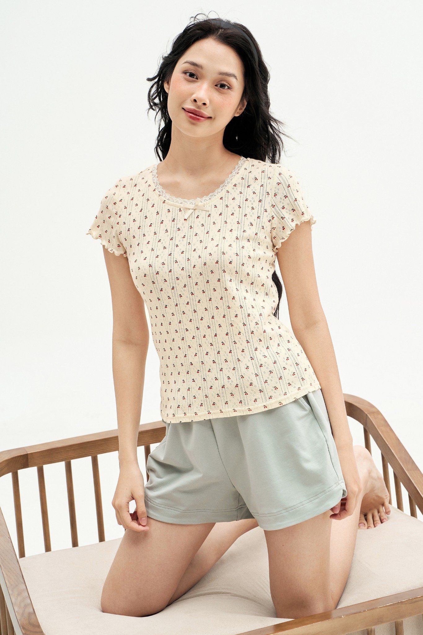Bộ mặc nhà áo thun quần short mint hoạ tiết cherry