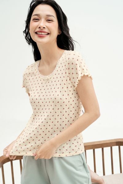 Bộ mặc nhà áo thun quần short mint hoạ tiết cherry