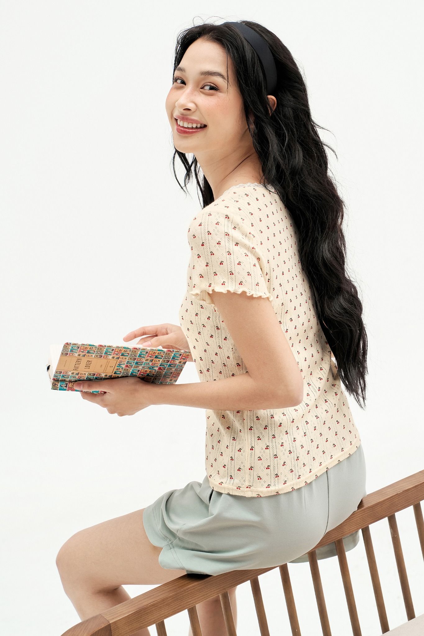 Bộ mặc nhà áo thun quần short mint hoạ tiết cherry