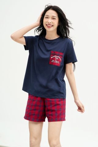 Bộ mặc nhà áo thun quần short thô karo đỏ