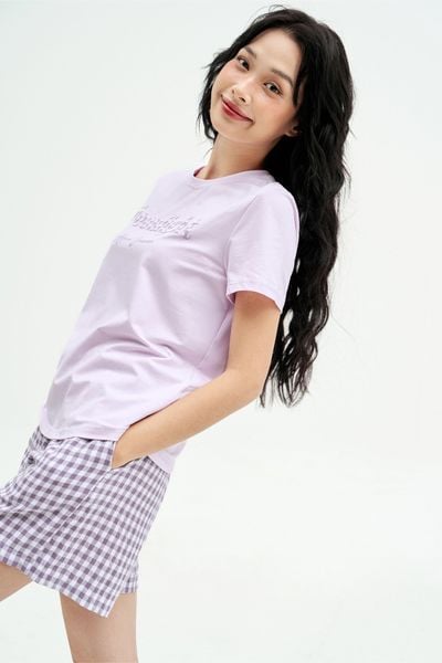 Bộ mặc nhà áo thun quần short thô karo tím lilac