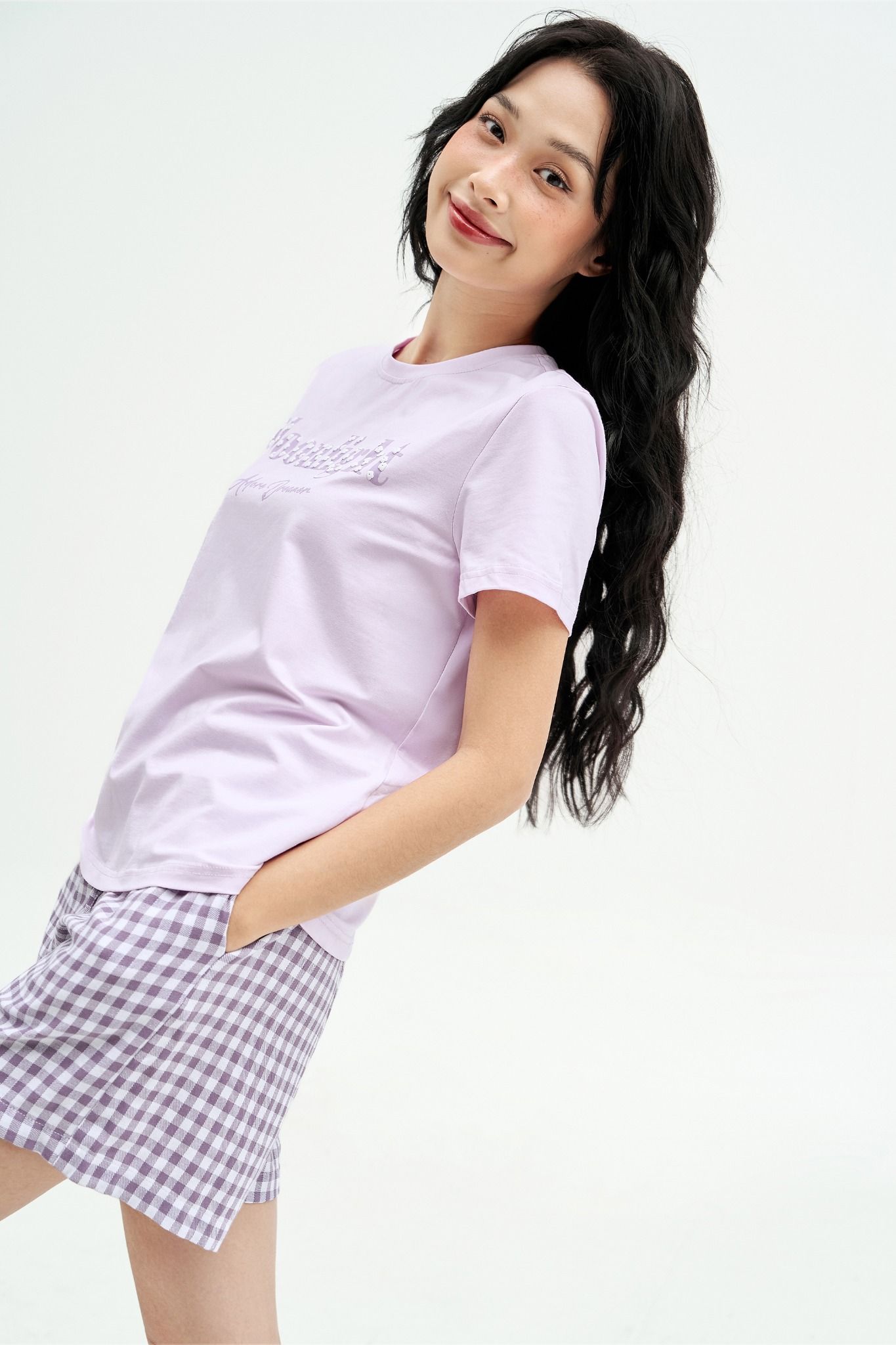 Bộ mặc nhà áo thun quần short thô karo tím lilac