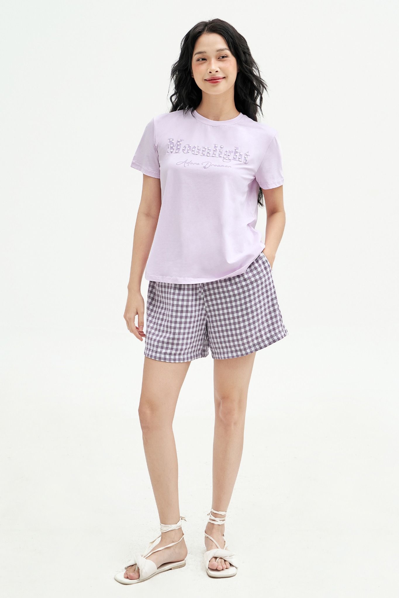 Bộ mặc nhà áo thun quần short thô karo tím lilac