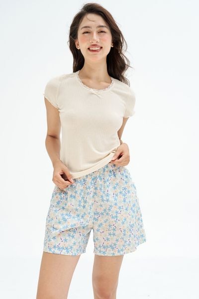 Bộ mặc nhà áo thun kem quần shorts hoa nhí xanh blue