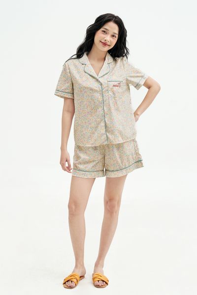 Bộ pyjamas cộc thô lụa hoa nhí phối line mint