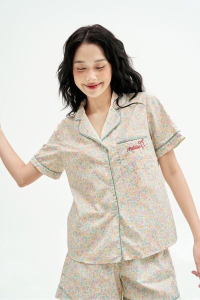 Bộ pyjamas cộc thô lụa hoa nhí phối line mint