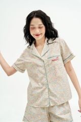 Bộ pyjamas cộc thô lụa hoa nhí phối line mint