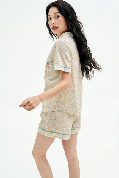 Bộ pyjamas cộc thô lụa hoa nhí phối line mint