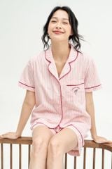 Bộ pyjamas cộc thô lụa sọc cam đào phối line hồng