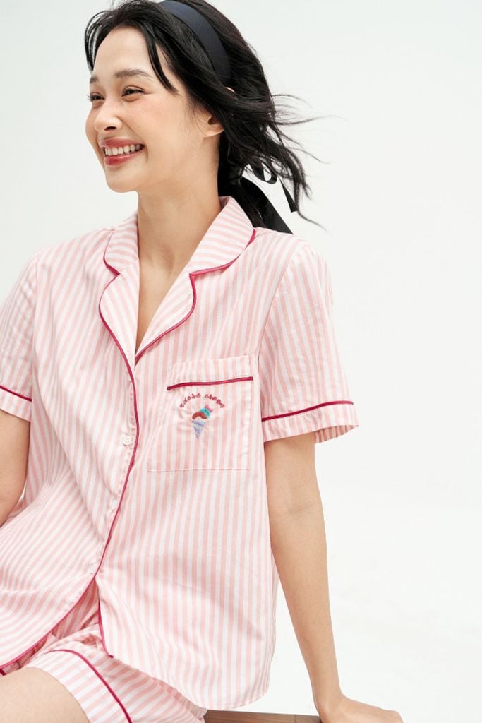 Bộ pyjamas cộc thô lụa sọc cam đào phối line hồng