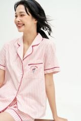 Bộ pyjamas cộc thô lụa sọc cam đào phối line hồng