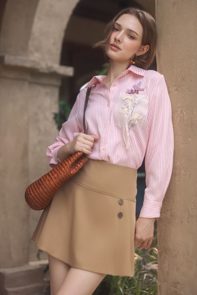 Chân váy mini A khaki mềm nâu be vạt chéo