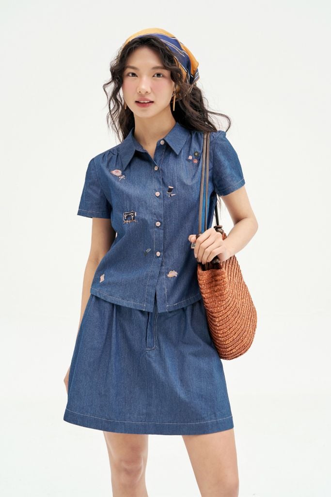 Chân váy mini xoè thô denim xanh chàm