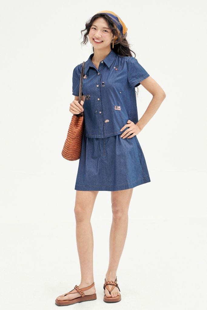 Chân váy mini xoè thô denim xanh chàm