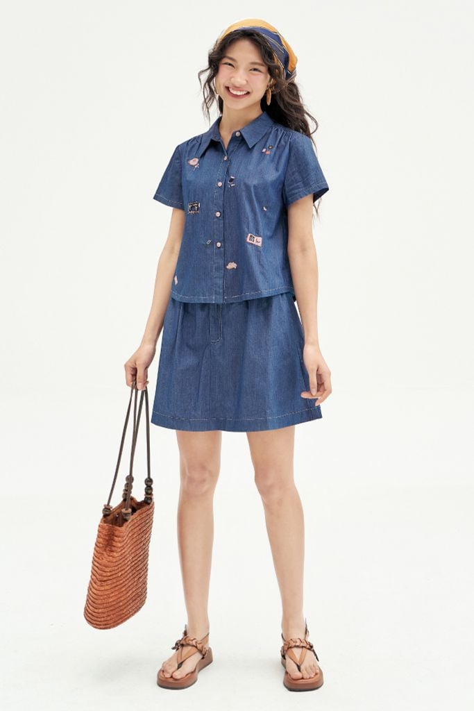 Chân váy mini xoè thô denim xanh chàm