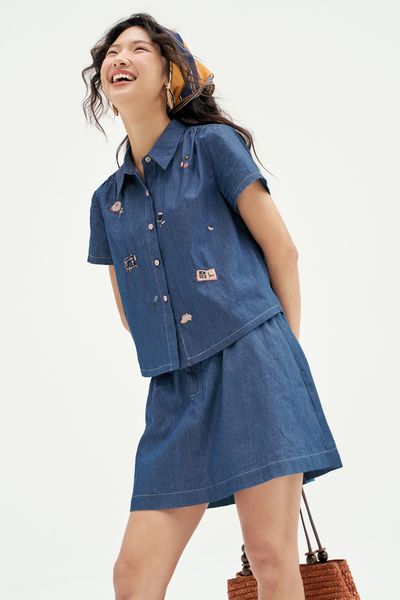 Chân váy mini xoè thô denim xanh chàm