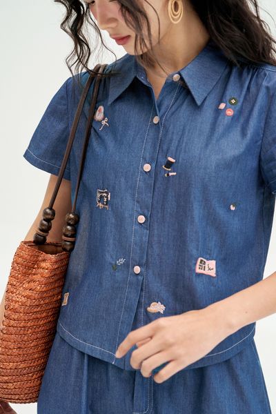 Sơ mi Thô denim xanh chàm thêu random
