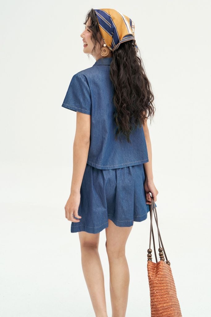 Chân váy mini xoè thô denim xanh chàm