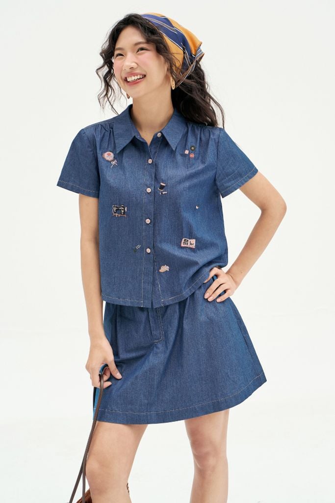 Chân váy mini xoè thô denim xanh chàm