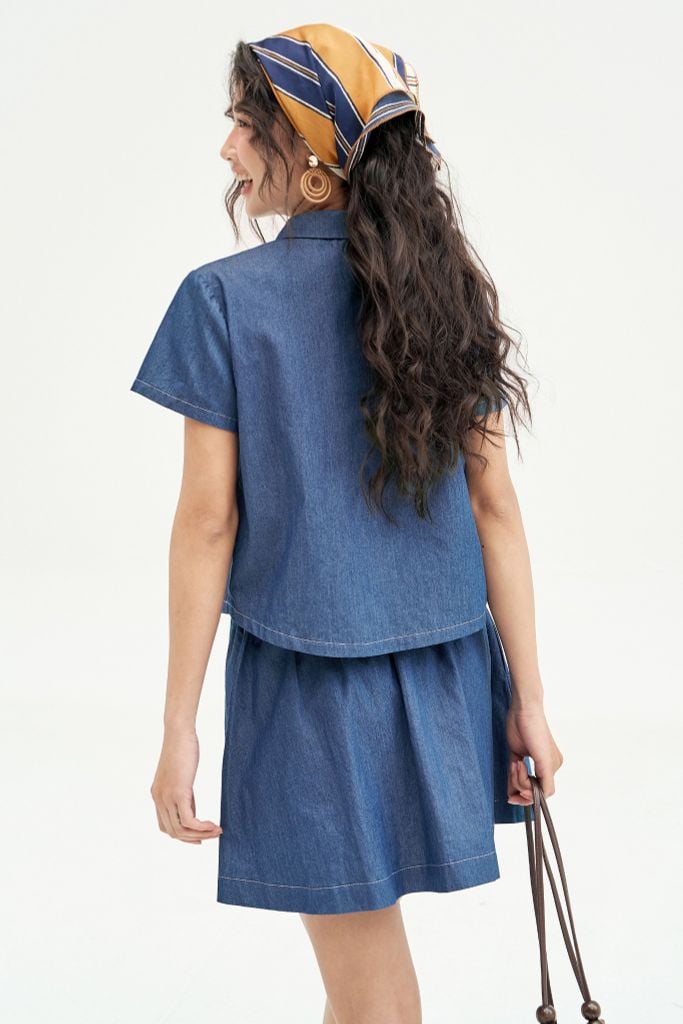 Chân váy mini xoè thô denim xanh chàm