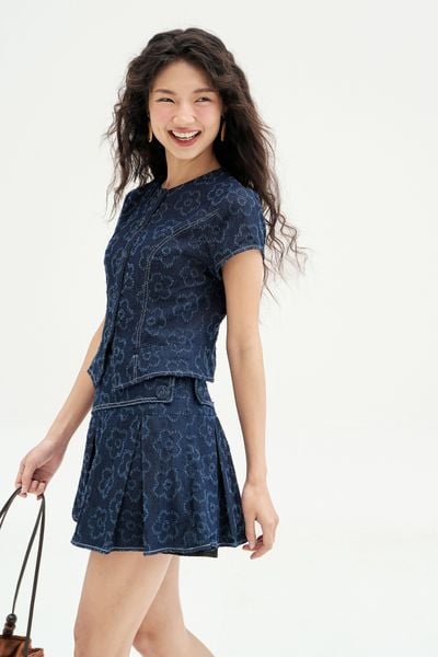 Chân váy mini xoè denim xanh chàm hoa nổi