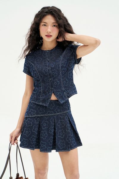 Áo top denim xanh chàm hoa nổi