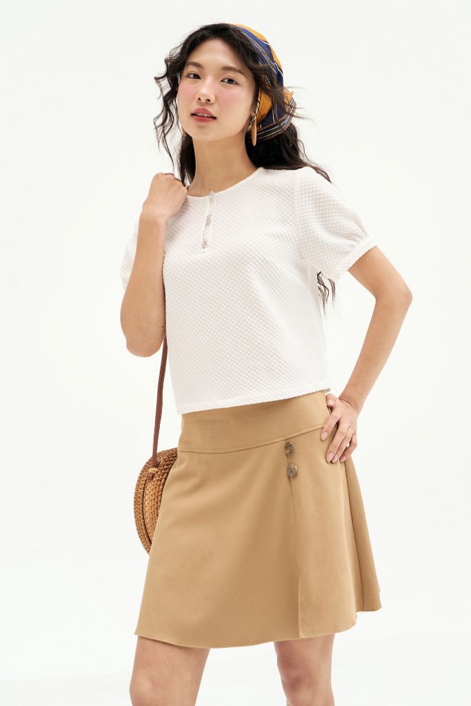 Chân váy mini A khaki mềm nâu be vạt chéo