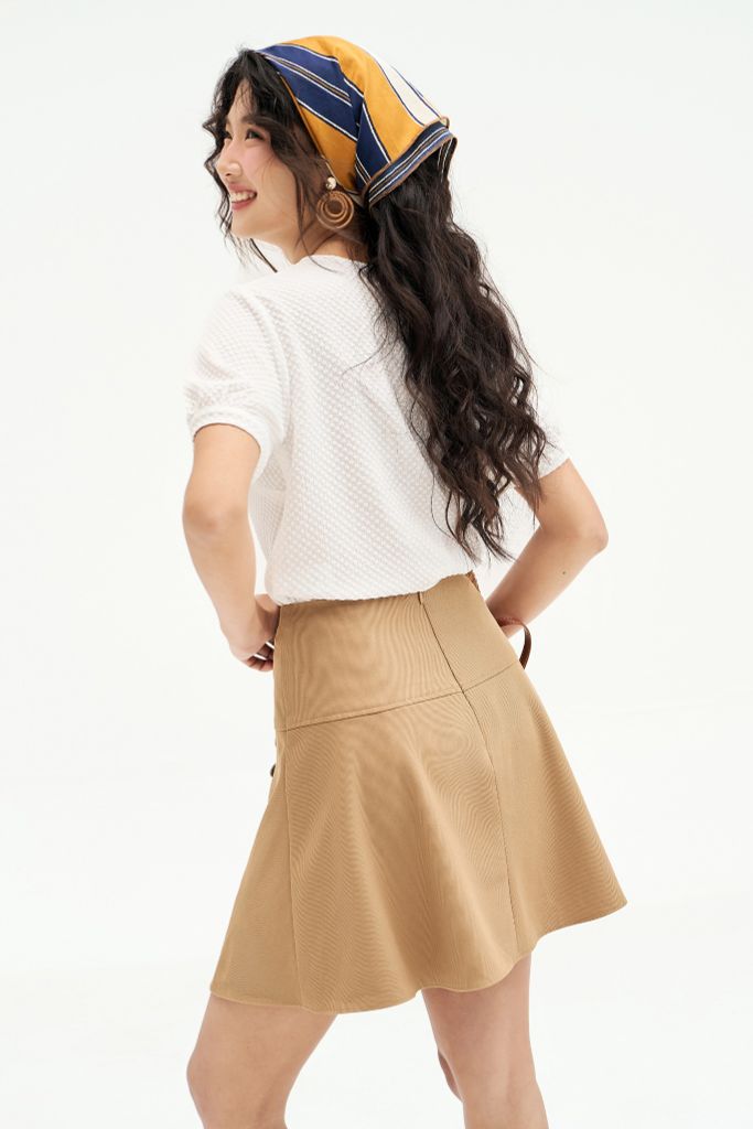 Chân váy mini A khaki mềm nâu be vạt chéo