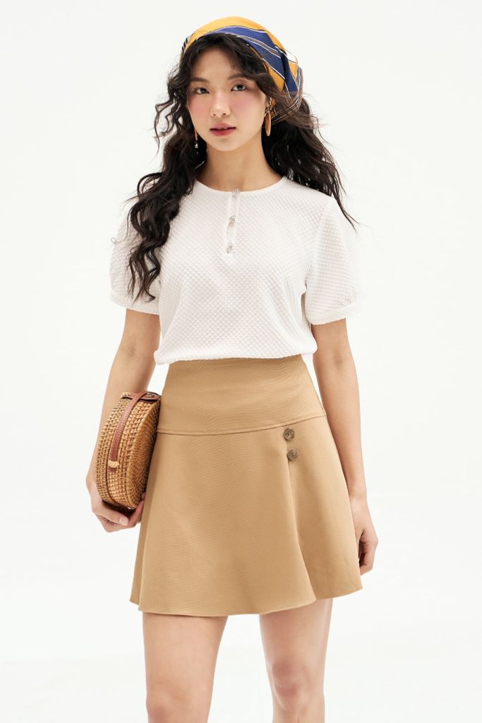 Chân váy mini A khaki mềm nâu be vạt chéo