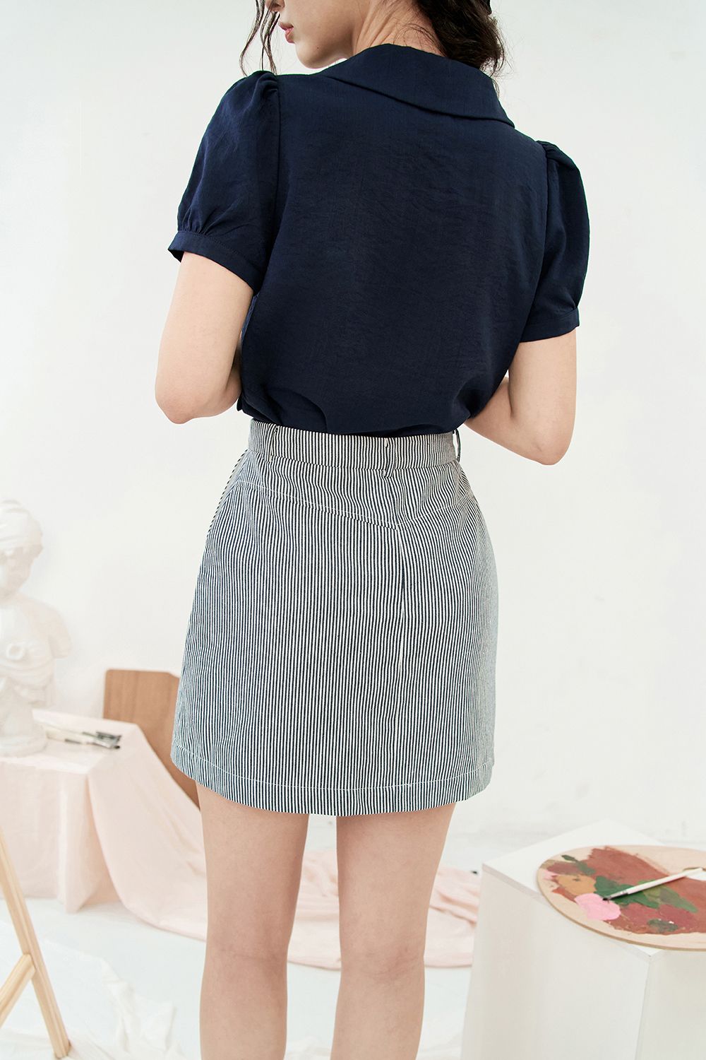 Chân váy mini A kaki sọc navy