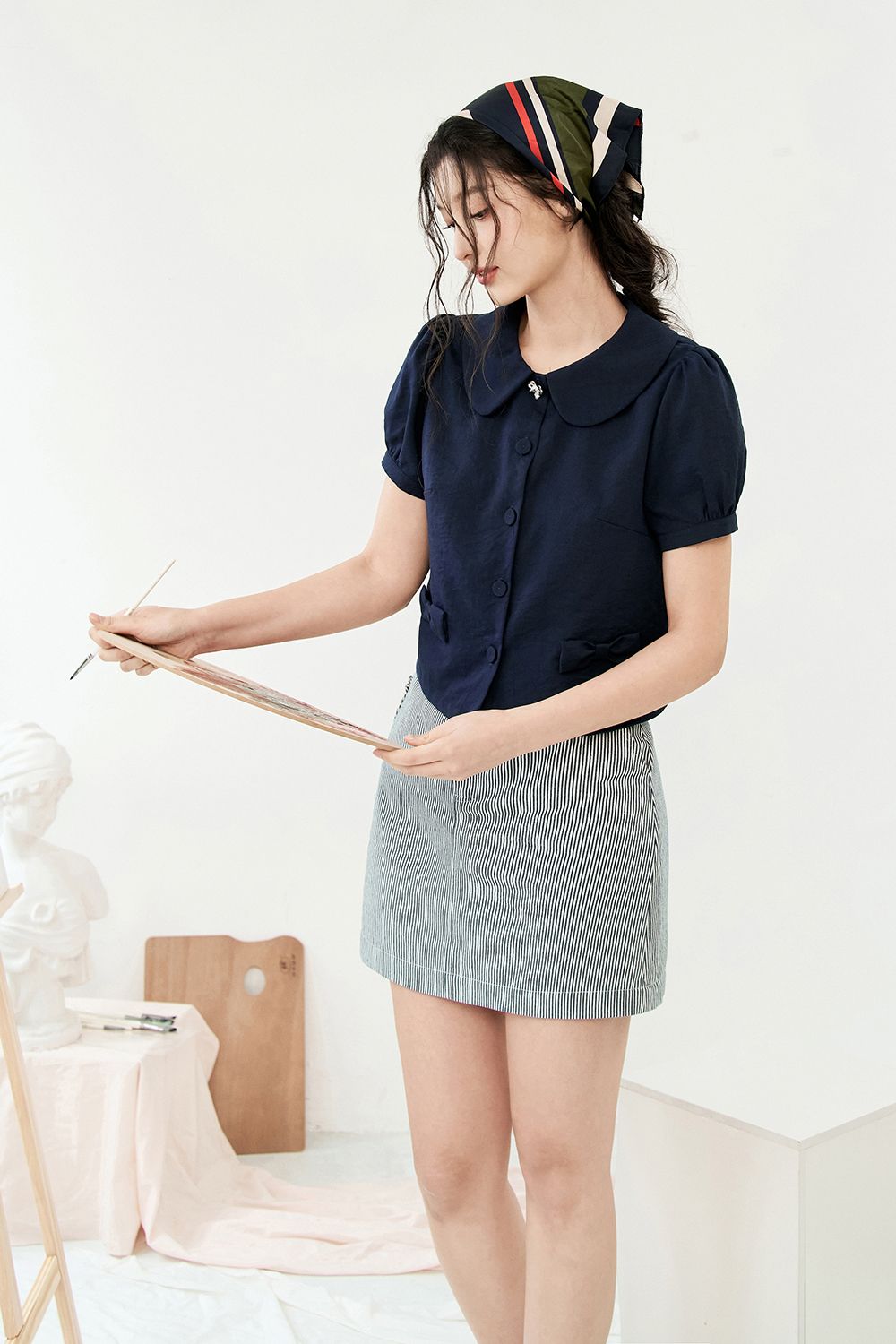 Chân váy mini A kaki sọc navy