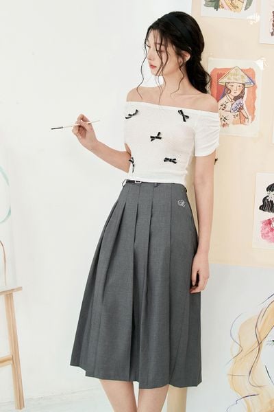 Áo top len lưới trắng đính nơ