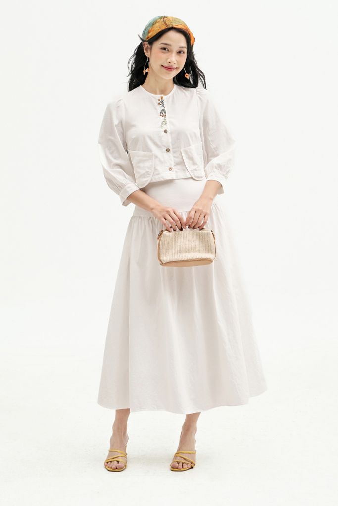 Chân váy midi thô poplin trắng can tùng