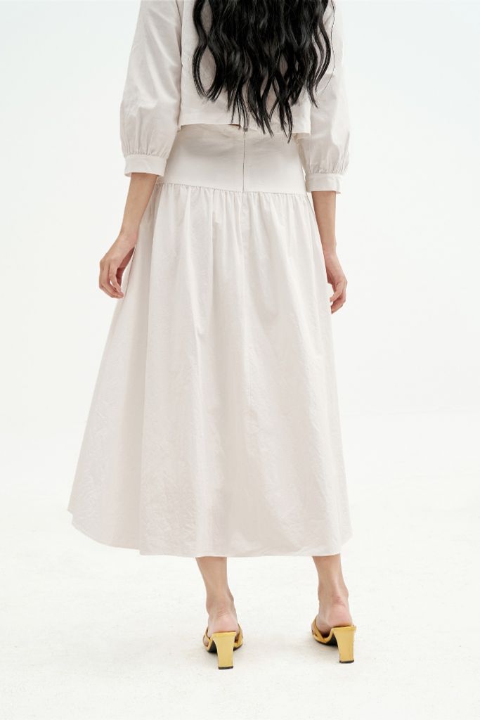 Chân váy midi thô poplin trắng can tùng