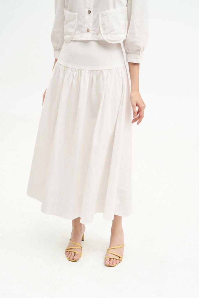 Chân váy midi thô poplin trắng can tùng
