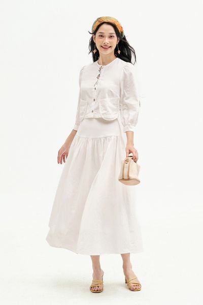 Chân váy midi thô poplin trắng can tùng