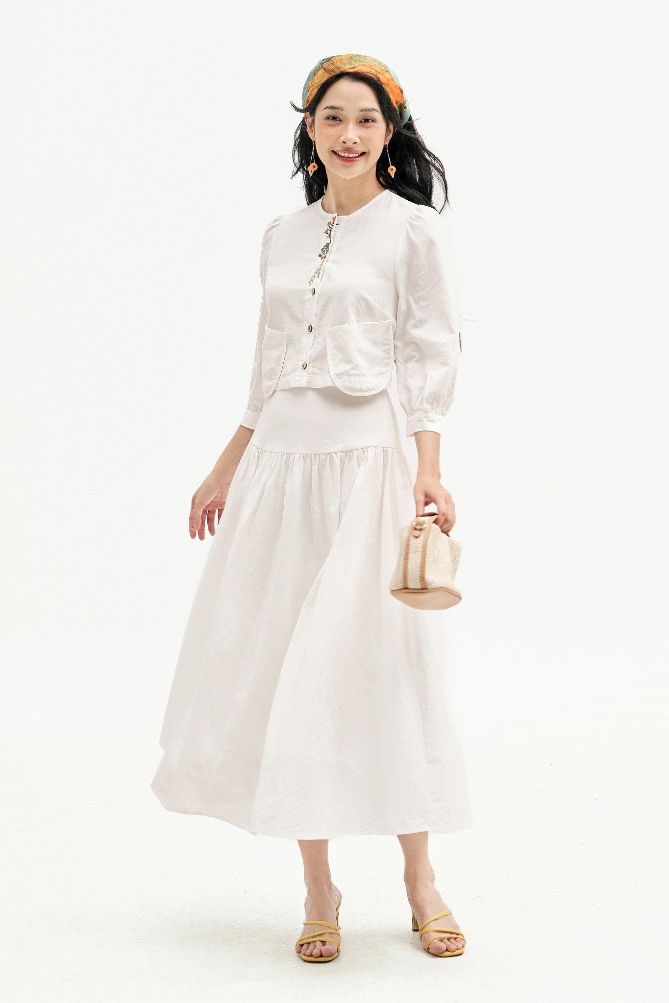 Chân váy midi thô poplin trắng can tùng