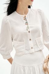 Áo top thô bamboo trắng thêu nẹp