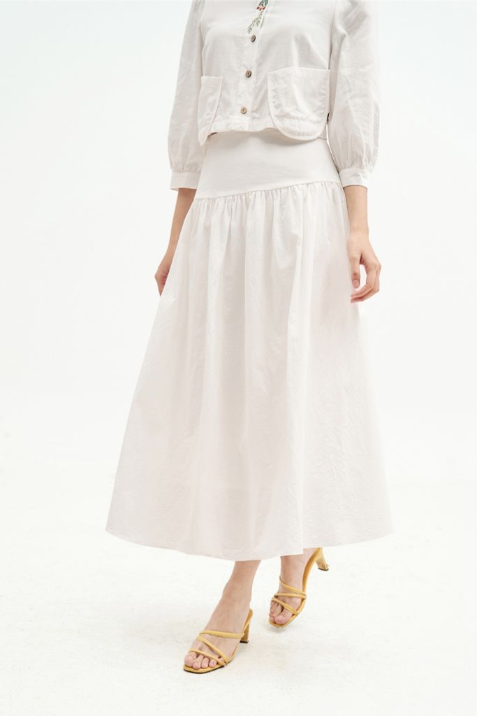 Chân váy midi thô poplin trắng can tùng